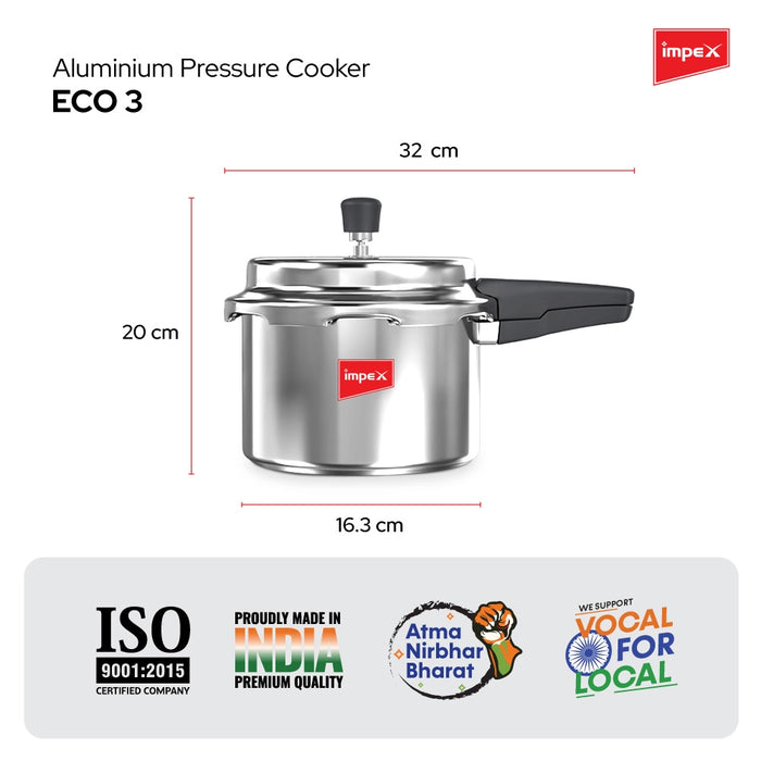 Impex ECO 3 Induction Base Outer Lid Aluminium Pressure Cooker, 3 litres, Silver