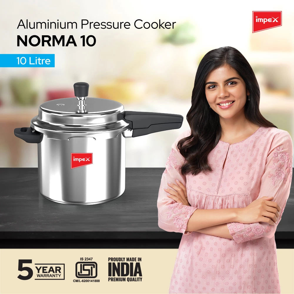 Impex Norma 10 L Non Induction Base Aluminium Pressure Cooker with Outer Lid (Silver)