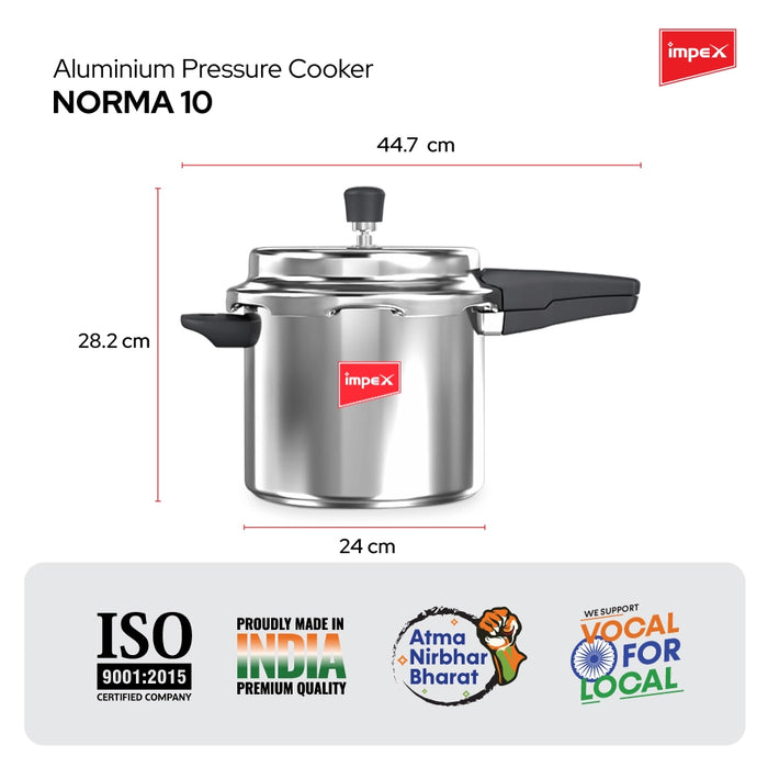 Impex Norma 10 L Non Induction Base Aluminium Pressure Cooker with Outer Lid (Silver)