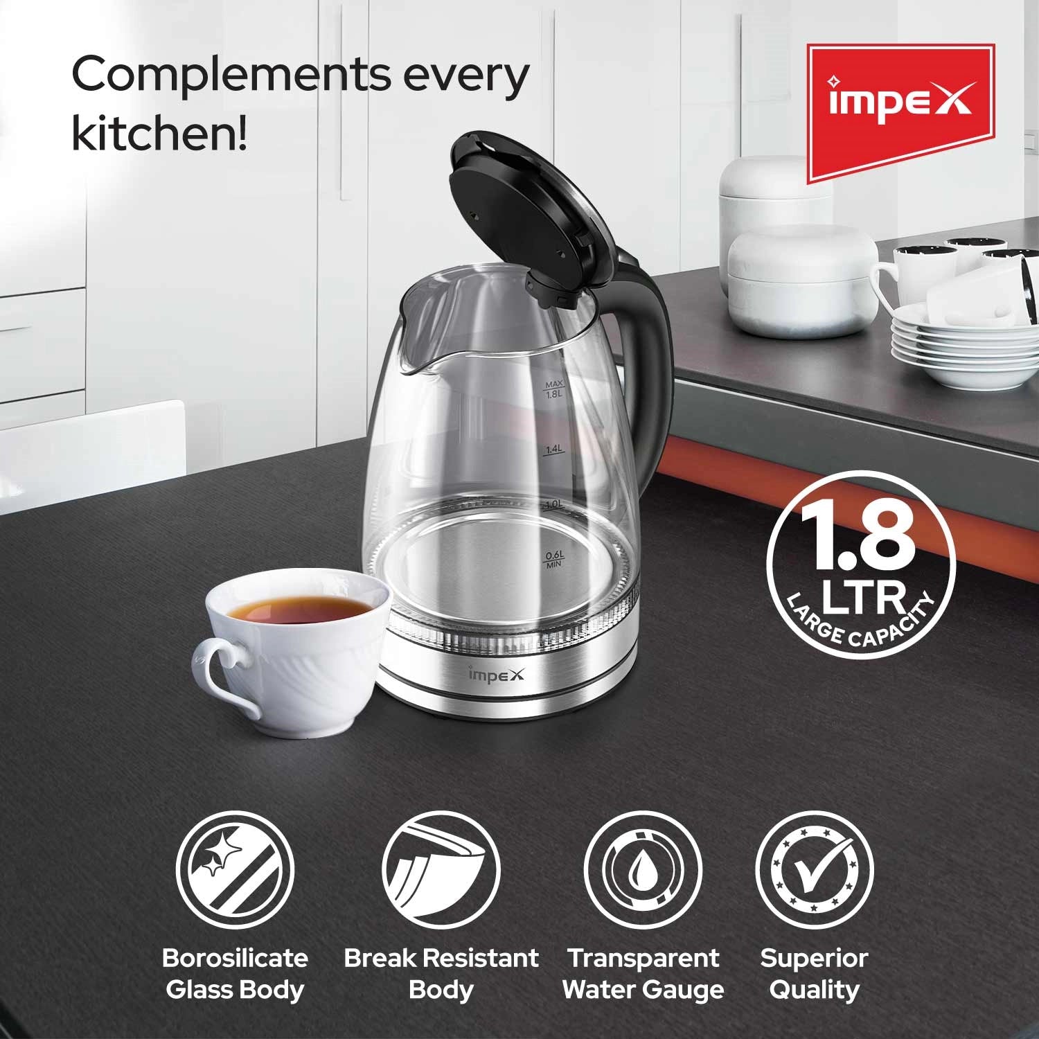 Impex STEAMER GK18 1.8 L Glass Body Electric Kettle with LED Illumination