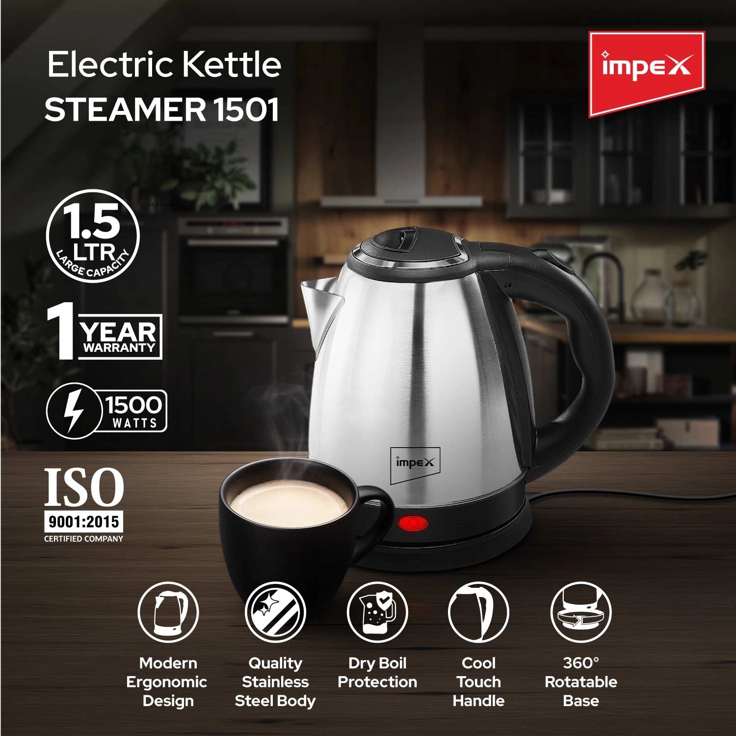 Impex STEAMER-1501 Stainless Steel Electric Kettle Litre,1500