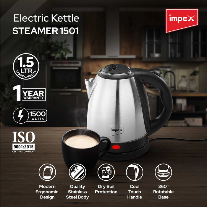 Impex STEAMER 1501 Stainless Steel Electric Kettle 1.5 Litre 1500 Wat Impex Webstore