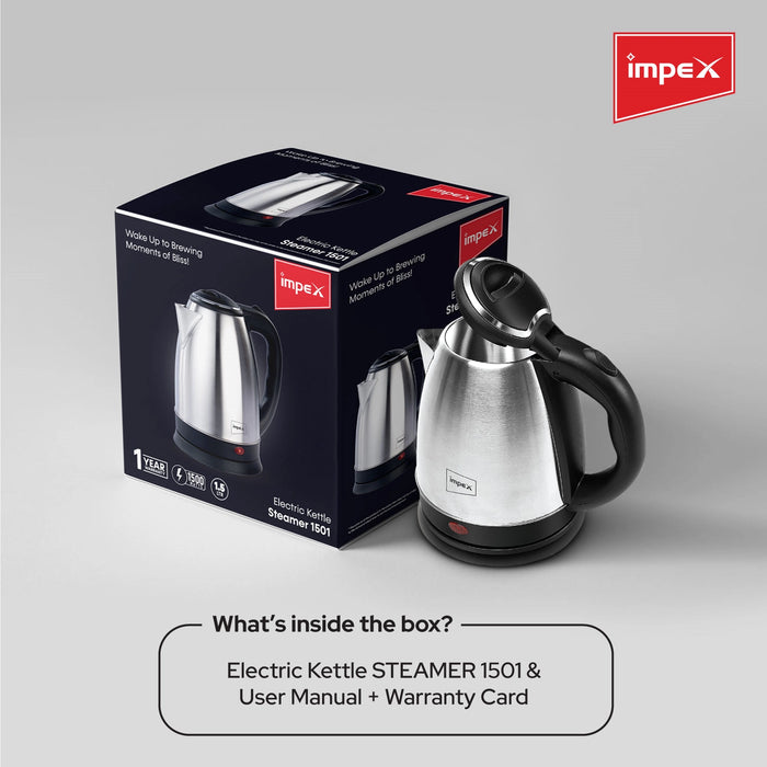 Impex STEAMER-1501 Stainless Steel Electric Kettle (1.5 Litre,1500 Watts,Silver)