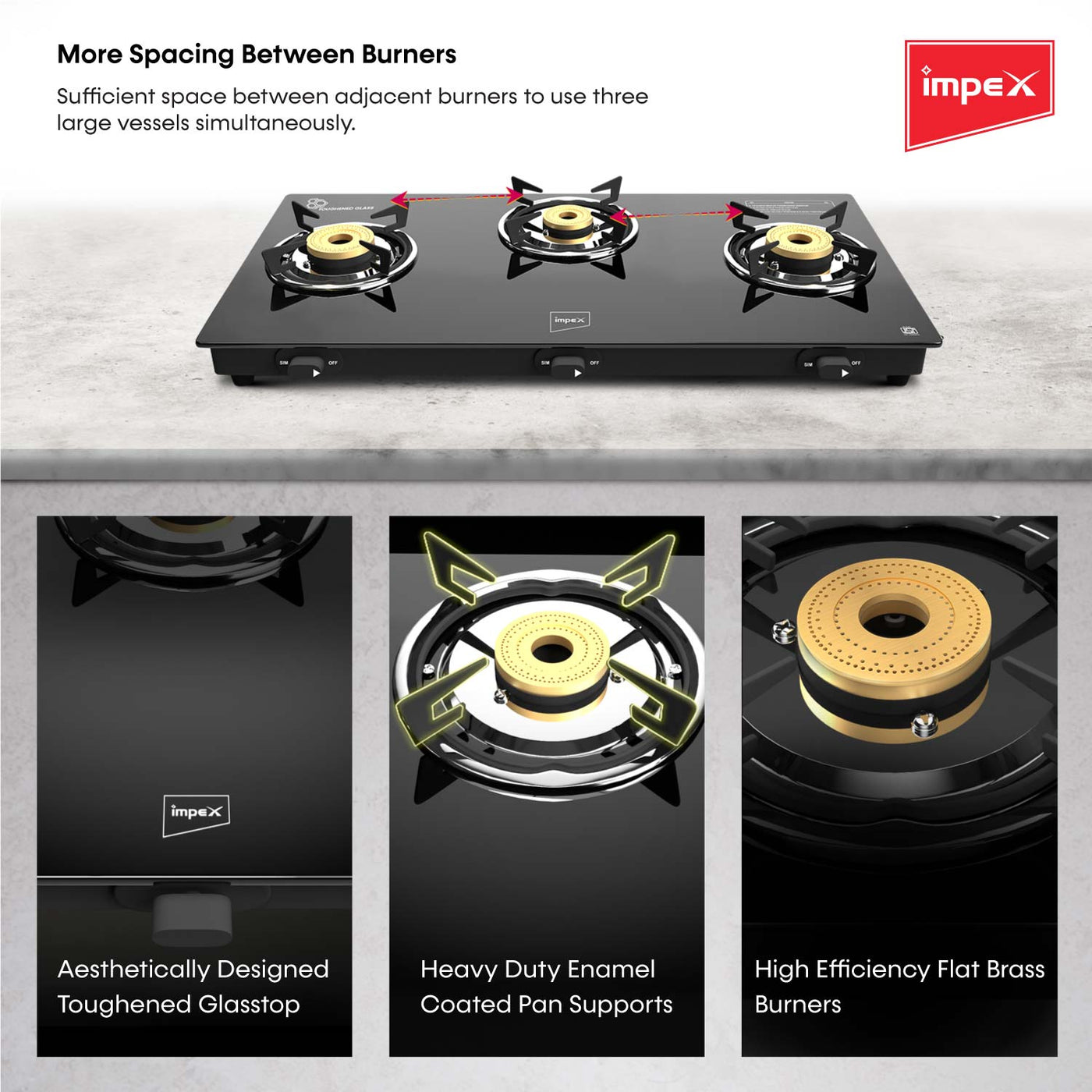 IMPEX Glasstop Gas Stove Specta Elite 3B (3Burner) — Impex store