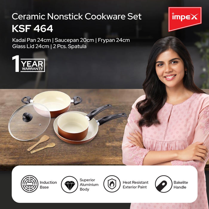 Impex Non-Stick Ceramic Combo | Fry Pan+Sauce Pan+Kadai Pan (PEARL-KSF464)
