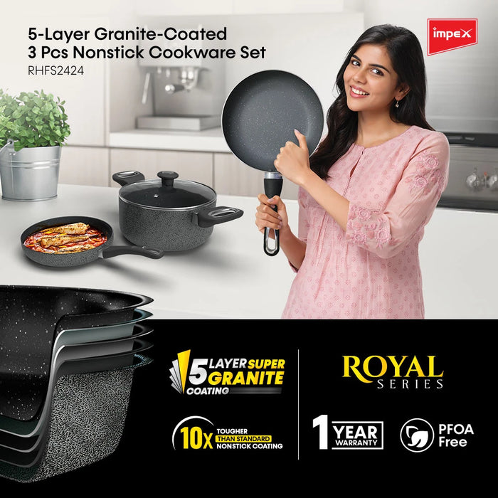 Impex Royal Nonstick Granite 3 Pcs Cookware Set | 5-Layer Granite Coating | Frypan and Saucepan Combo