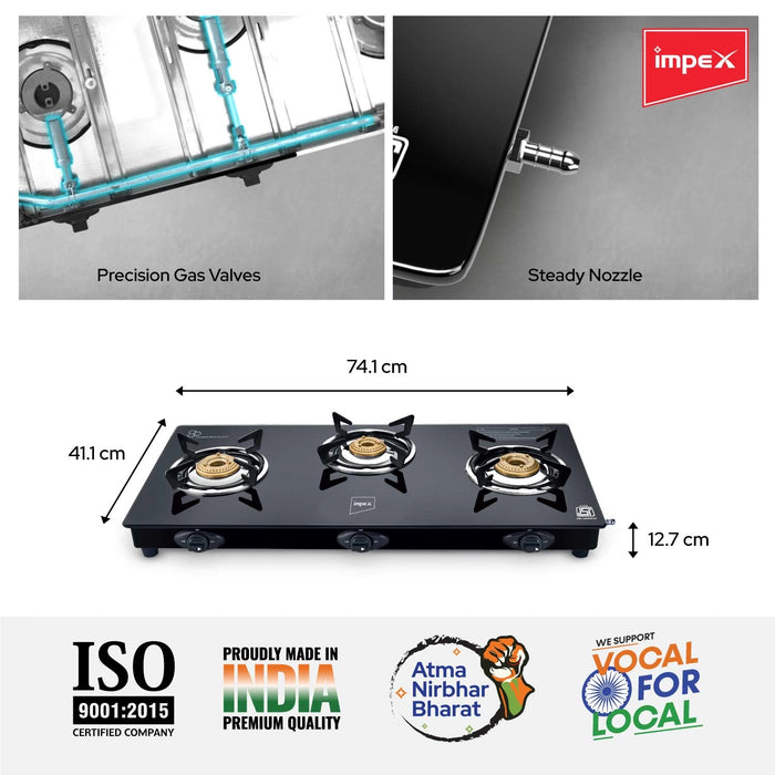 Impex special combo of Glasstop 3 Burner Gas Stove, 5 Ltr Pressure Cooker, Frypan, Tawa Pan and Kadai Pan Cookware set
