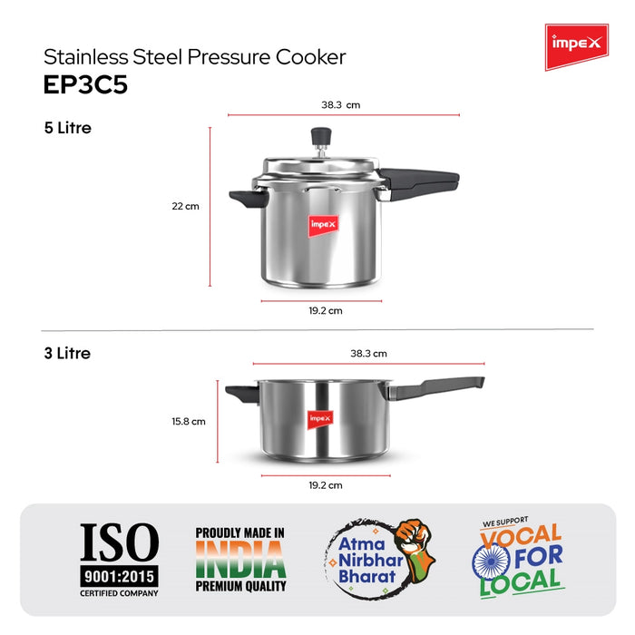 Impex EP-3C5 Induction Based Stainless Steel Outer Lid Pressure Cooker Combo of 3 Litre and 5 Litre, Silver