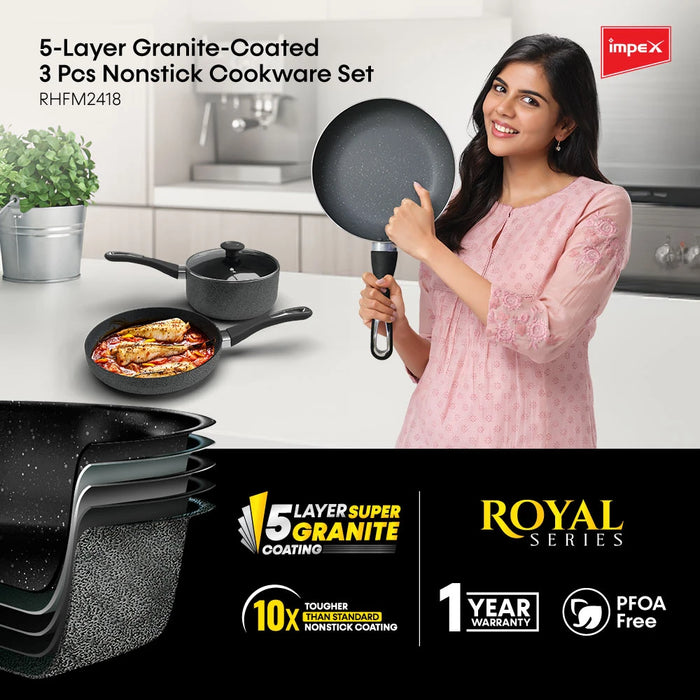 Impex Royal Nonstick Granite 3 Pcs Cookware Set | 5-Layer Granite Coating | Frypan and milkpan Combo