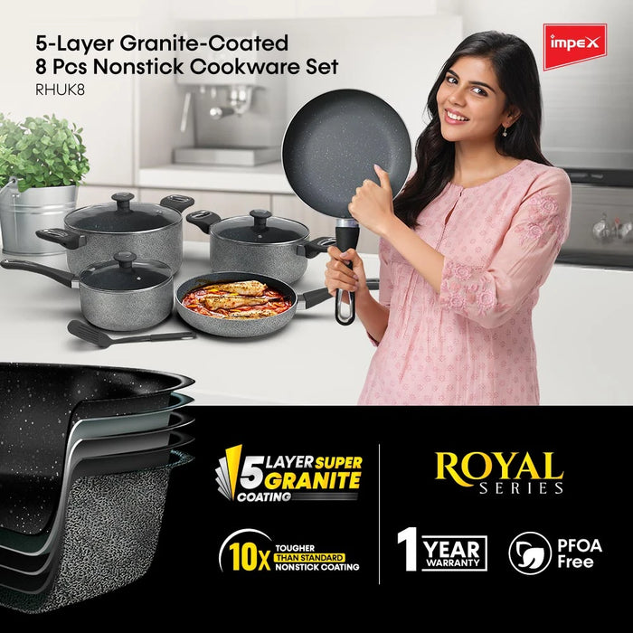 Impex Royal Nonstick Granite 8 Pcs Cookware Set | 5-Layer Granite Coating | Milk Pan, Frypan, Saucepan and Spatula