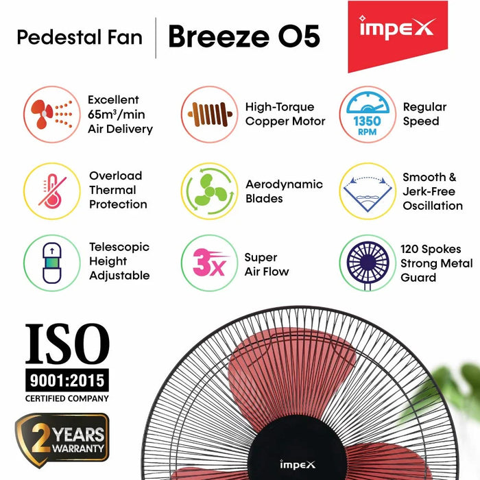Impex BREEZE-O5 High Speed 3 Blade Pedestal Fan With 400 mm Sweep & 1350 Rpm (55 Watts,Black & Red)