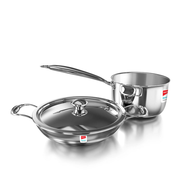Impex Serene Triply 2 Pcs Cookware Set ( Kadaipan with lid 20cm and Milkpan 16cm) | 304 Grade Stainless Steel | No PFOA Coating | lnduction Friendly Cookware, Silver