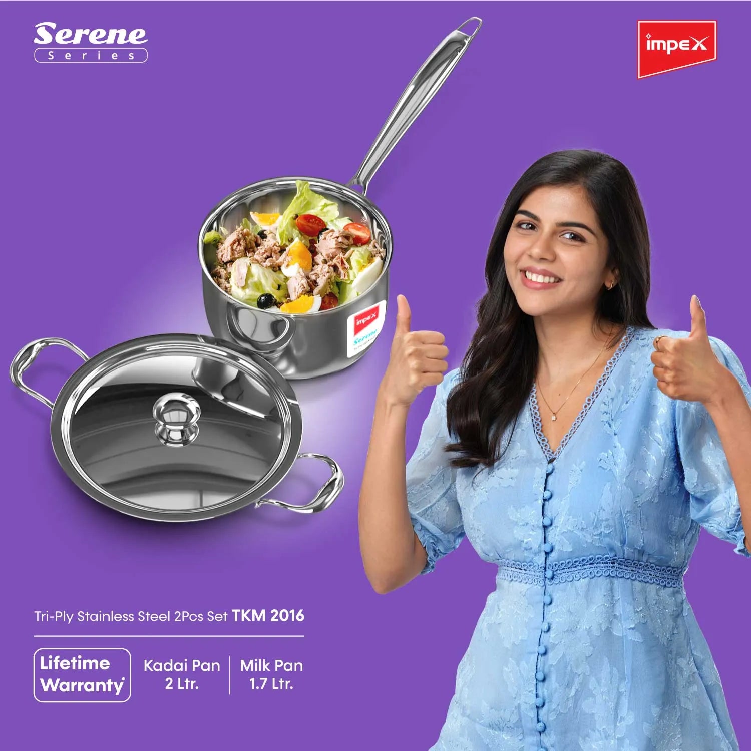 Impex Serene Triply 2 Pcs Cookware Set ( Kadaipan with lid 20cm and Milkpan 16cm) | 304 Grade Stainless Steel | No PFOA Coating | lnduction Friendly Cookware, Silver