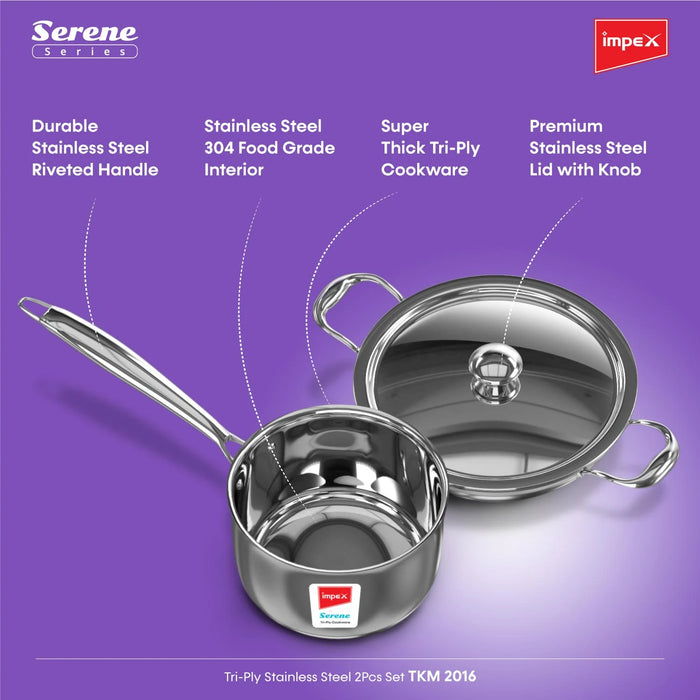 Impex Serene Triply 2 Pcs Cookware Set ( Kadaipan with lid 20cm and Milkpan 16cm) | 304 Grade Stainless Steel | No PFOA Coating | lnduction Friendly Cookware, Silver